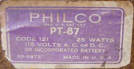 philco PT-87 Portable Radio Sticker on base of radio