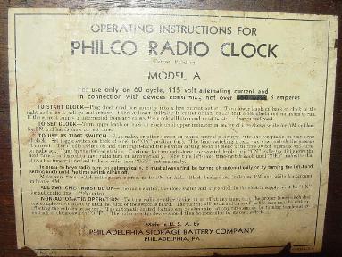 Philco Model A Clock/Timer - label on bottom