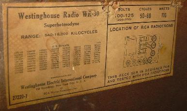 Westinghous wr30 Tombstone Radio Lable (1933)