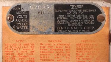 Zenith 811 chassis tag